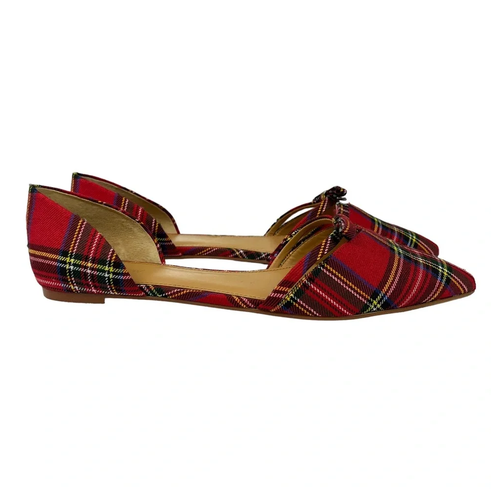 Plaid Pointed Toe D'Orsay Flats - Red Tartan
